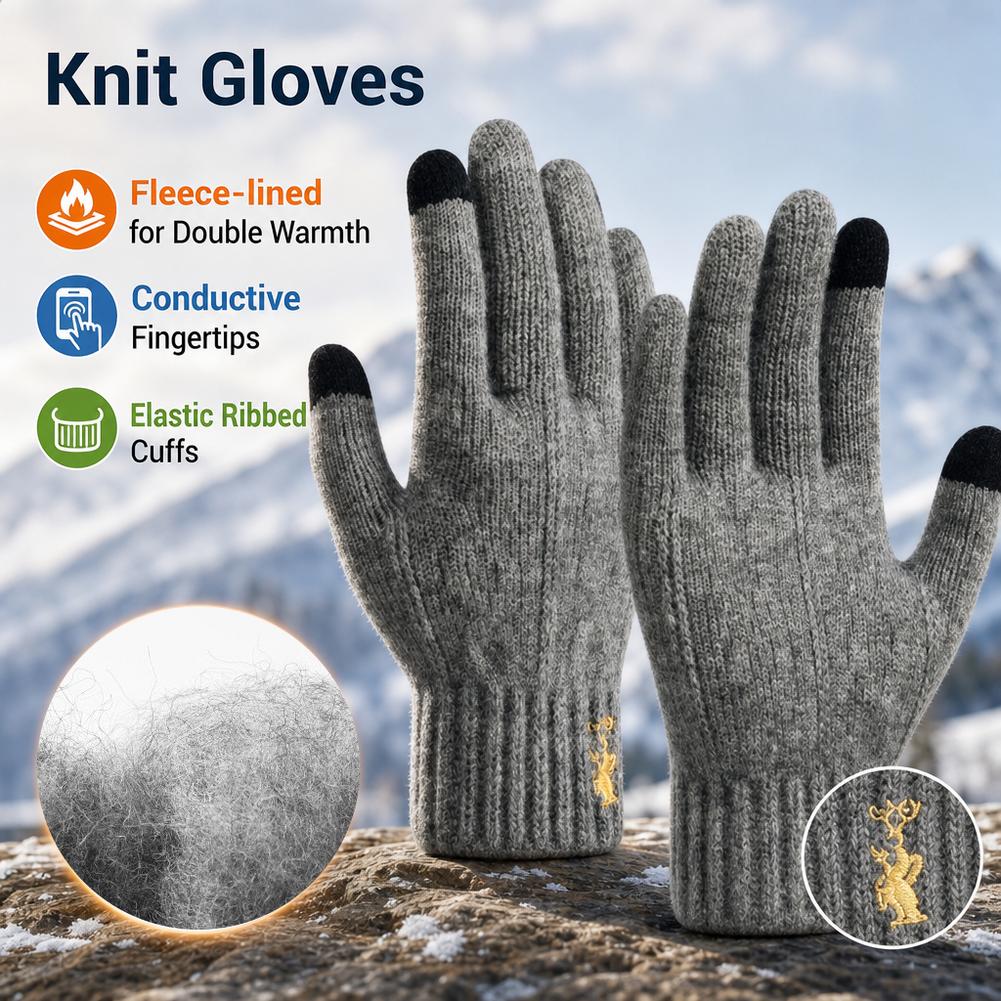 Wool Glove Lined - 冬用ニット手袋、タッチスクリーン対応、裏地はフリース、保温性に優れたウール素材、伸縮性のあるリブ編みの袖口、寒冷地での使用に最適、男性用、サイクリングや運転に。