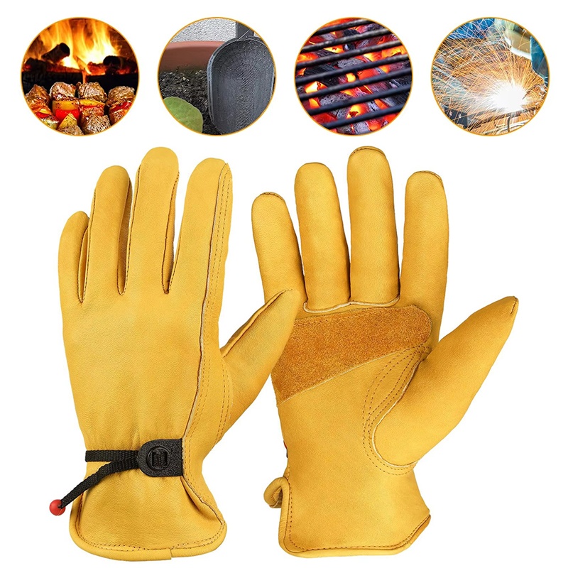 Leather Driving Glove - 1組の革製作業用手袋。牛革製で、溶接作業、安全保護、作業員、整備士、運転手、狩猟、農作業、ガーデニングなどに適しています。