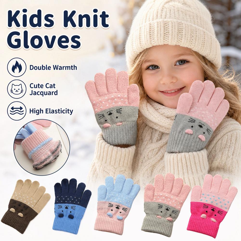 子供用ニット手袋、冬用、フリース裏地、猫柄ジャカード、保温性 - Wool Glove Lined のレビューと価格