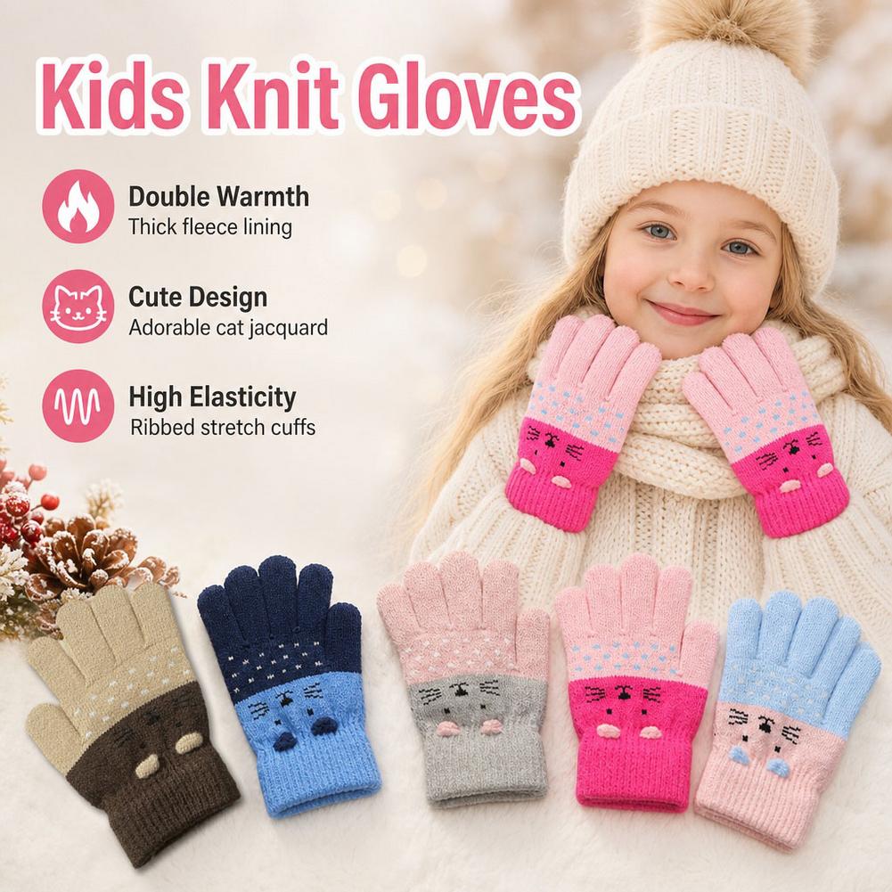 子供用ニット手袋、冬用、フリース裏地、猫柄ジャカード、保温性 - Wool Glove Lined のレビューと価格