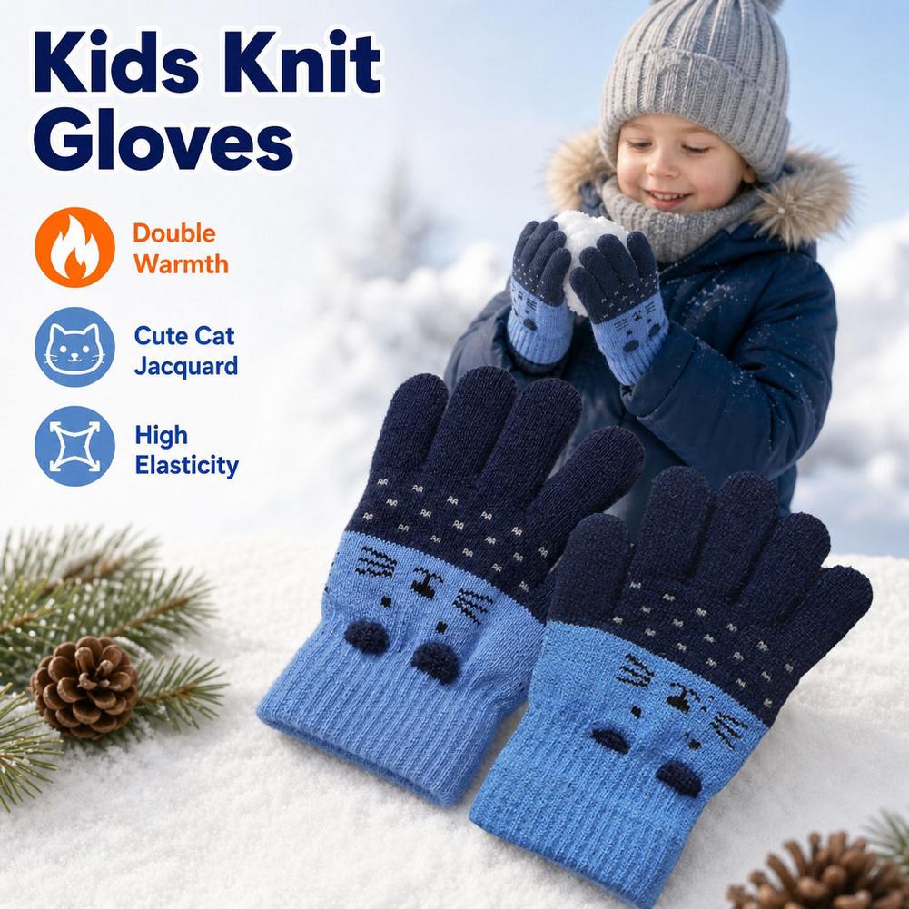 子供用ニット手袋、冬用、フリース裏地、猫柄ジャカード、保温性 - Wool Glove Lined のレビューと価格
